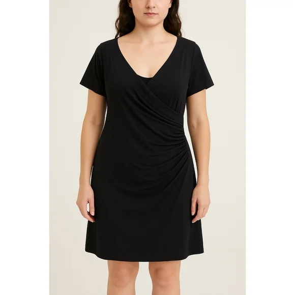 Soft Surroundings Navy Blue Ruched Faux Wrap Dress Sz-L - Picture 7 of 7